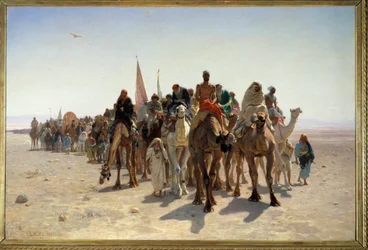 Pilegrimer på vei til Mekka. Karavane av reisende på kameler i ørkenen. Maleri av Léon Auguste Adolphe Belly (1827-1877), 1861, 1,6 x 2,4 m, Paris, Musée d