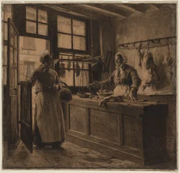 Interiør i en slakterbutikk, ca. 1881.