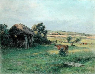 Landskap med en bondekvinne som melker en ku, midten av 1880-tallet (olje på lerret)