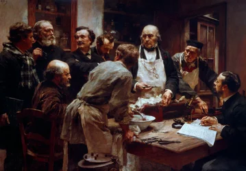 Disseksjonskurset til legen Claude Bernard (1813-1878) (med forkle) i nærvær av hans elever Paul Bert (1833-1886) og Arsonvals maleri av Arsene (1851-1940) av Leon Augustin Lhermitte (1844-1925) 19. århundre Paris, Vitenskapsakademiet