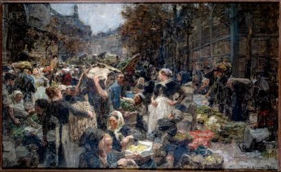 Hallene. Publikum i Marche des Halles i Paris på 1800-tallet. Skisse av Leon Augustin Lhermitte (1844-1925)