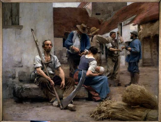 Lønnsutbetaling til bondehøstere på en gårdsplass, en av dem holder en ljå. Maleri av Léon Augustin Lhermitte (1844-1925), 1882. Sol. 2,15 x 2,72 m. Paris, Musée d