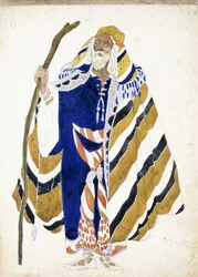 Et kostymedesign for en danser i Suite Arabe, som viser en eldre mann som holder en stav,