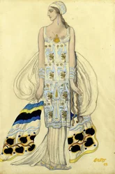 Kostymedesign for Ida Rubinstein i dramaet Phaedra (Phedre) av Jean Racine - Bakst, Leon (1866-1924) - 1923 - Gouache og blekk på papir - 48x32 - Privat samling