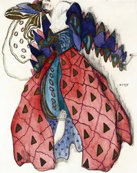 Kostymedesign for balletten ""La Legende de Joseph"" av R. Strauss - Bakst, Leon (1866-1924) - 1914 - Akvarell, Gouache på papir - 33x28 - Privat samling