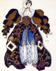 Kostymedesign for balletten ""La Legende de Joseph"" av R. Strauss - Bakst, Leon (1866-1924) - 1914 - Akvarell, Gouache på papir - 33x28 - Privat samling