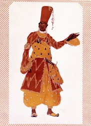 Kostyme til den store evnukken tegnet av Lev Samoilovich Rosenberg kalt Leon Bakst (1866-1924) for balletten "" Sheherazade" (eller Scheherazade) komponert av Nikolai Andreyevich Rimsky-Korsakov (Rimsky Korsakov eller Rimsky Korsakov).