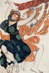 Kostymeskisse for to beotiske kvinner, fra balletten «Narcissus», mytologisk dikt med musikk av N (akvarell, gouache, blyant, gull, sølv på papir)