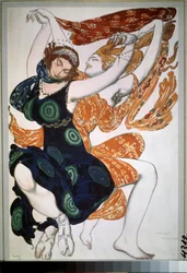 To beotiennes, kostyme til balletten ""Narcisse"" av Nikolai Tcherepnin (Nicolas Tcherepnin) (1873-1945) (To beotiennes, kostymedesign for balletten Narcisse av N.Tcherepnin). Tegning av Leon Bakst (1866-1924). Akvarell, gouache, gull og sølv på pa