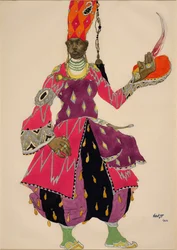 Eunuque "Eunuch"-kostyme for balletten Scheherazade (Scheharazade) av Nicolas (Nikolai) Rimski Korsakov (Rimski-Korsakov) 1922 (akvarell). Costume pour le ballet Scheherazade (Scheharazade) av Nicolas (Nikolai) Rimsky-Korsakov (Rimski-Korsakov) (