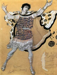 Budbringer, kostymeskisse til Euripides#39; tragedie «Hippolyte» (akvarell, gouache, fargestift og sølv på papir)