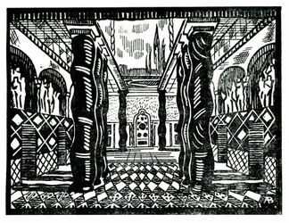 Scenografi av Leon Bakst (1866-1924), russisk maler og dekoratør for tredje akt av "The Martyrdom of Saint Sebastian" av Claude Debussy (1862-1918), libretto av Gabriele D