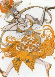 Ildfuglen, kostymeskisse til Igor Stravinskis ballett (gouache på papir)