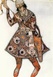 Tsarevitsj Ivan, kostymeskisse for Igor Stravinskis ballett Ildfuglen (akvarell, gouache)