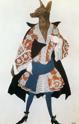 Ulven, kostymeskisse til Tsjaikowskis ballett «La Belle au bois dormante» (akvarell, gouache og gull på papir)
