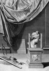 Godbiter om arkitektur, en byste av en klassisk statue og arkitektoniske verktøy: tavle hentet fra "" De Architectura Libri decem"" av Leon Battista Alberti (1404-1472), arkitekt, matematiker, italiensk poet fra renessansen, London