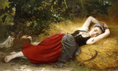 En ung sovende bondejente, 1874