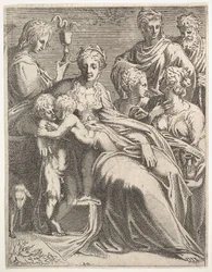Jomfru og barn med hellige, ca. 1550-56.