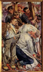 Sosialrealisme: "" Arbeiderens tidsalder"" Venstre del av en triptyk av Leon Henri Frederic (1856-1940) (ec.belg) 1897 Søn. 1,63x0,94 m Paris, musee d