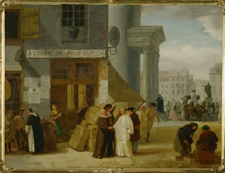 A l#39;Egide de Minerve, i Minervas tegn, fornuftens gudinne, forener en gullalder av toleranse mennesker med forskjellige trosretninger … (olje på tre)