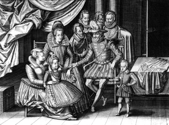 Den franske kongen Henri IV med sin kone Marie de Medicis og 2 av deres barn: den fremtidige Louis XIII og Elizabeth, gravering av Leonard Gaultier og Le Clerc, ca. 1605