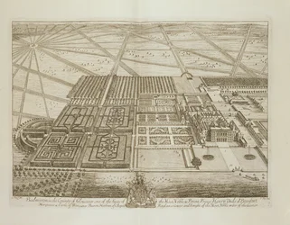 Badmintonhus i fylket Gloucester, gravert av Johannes Kip (ca. 1652-1722) (se også 192765)