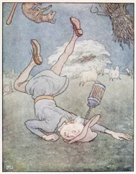 Mannen i månen kom veltende ned, fra A Nursery Rhyme Picture Book, pub. 1914 (farge litho)