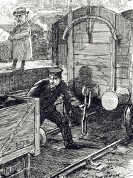 En tegneserie som kommenterer ulykker blant jernbanearbeidere. Illustrert av Leonard Raven-Hill (1867–1942), en engelsk kunstner, illustratør og tegneserieskaper, 1900-tallet.