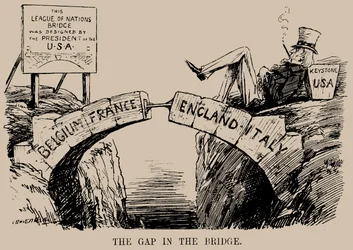 Gap in the Bridge. Tegneserie om USAs fravær i Folkeforbundet, desember 1919.