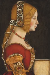 Portrett av Isabella av Aragon, hertuginne av Milano (1470–1524), halvfigur, i profil til høyre (olje på panel)