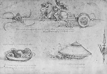 En stridsvogn bevæpnet med ljåer, to tegninger av en slags stridsvogn og en partisan, ca. 1480 1945