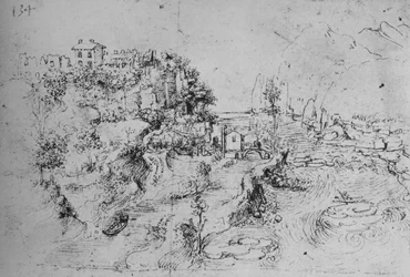 En elv med en kanal ved siden av og et slott på en høyde, c1480 1945