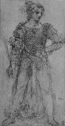 En kvinne som bærer en bodice av sammenflettede bånd, c1480 1945