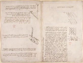 Arundel 263, f.120v, f.121 Notater og diagrammer om mekanikk, angående væskehastighet, ca. 1503-6 (penn og blekk på papir)