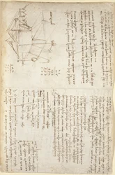 Arundel 263, f.127, Notater og skjematisk skisse av en mekanisk graver i perspektiv (side-on), ca. 1503-5 (penn og blekk på papir)