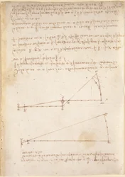 Arundel 263, f.214 Tegninger på de mekaniske kreftene og kreftene, perkusjon, gravitasjon, bevegelse, optikk og astronomi, med ulike aritmetiske og geometriske forslag (penn og blekk på papir)