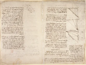Arundel 263, f.216v, f.217 Notater og skisser fra 'Codex Arundel' (penn og blekk på papir)
