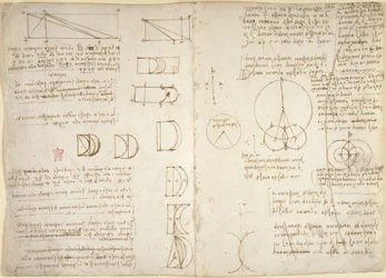 Arundel 263, f.222v, f.219, Tegninger på de mekaniske kreftene og kreftene, perkusjon, gravitasjon, bevegelse, optikk og astronomi, med ulike aritmetiske og geometriske forslag (penn og blekk på papir)