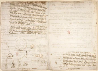 Arundel 263, f.266v, f.267 Notater om kosmologi (opp-ned); diagrammer som illustrerer Leonardos observasjoner av tyngdepunktet, fra 