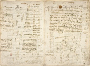 Arundel 263, f.280v, f.279 Notater, diagrammer og matematiske beregninger, med tittelen 'prespectiva', på 'kaustiske' pyramider, fra 'Codex Arundel'