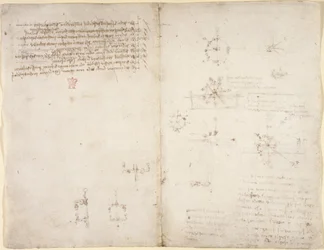 Arundel 263, f.35v, f.34 Tegninger på de mekaniske kreftene og kreftene, perkusjon, gravitasjon, bevegelse, optikk og astronomi, med ulike aritmetiske og geometriske forslag.