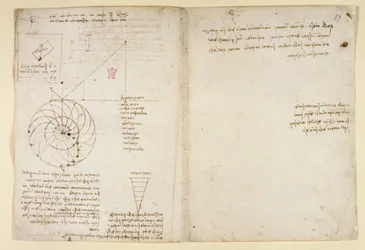 Arundel 263, f.44v, f.59 En skisse av et øye og en nese av et ansikt i profil; notater om vann, fra 