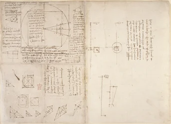 Arundel 263, f.72v, f.69 Notater og diagrammer om mekanikk og tyngdepunktet, fra 'Codex Arundel', c.1503-5 (penn og blekk på papir)