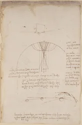 Arundel 263, f.85 Diagrammer om optikk, angående refleksjonens kaustikk; notat og skisse om mekanikk, om kraften til slagverk og med referanser til det aristoteliske prinsippet 