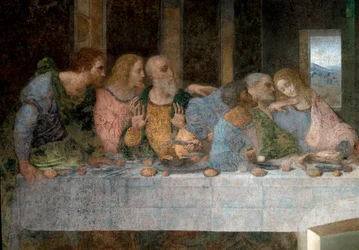 Detalj av La Cene (Il Cenacolo (Ultima Cena)) som representerer fra venstre til høyre apostelen Saint Barthelemy, James, sønn av Alphee, Andre, Judas, Peter og Johannes. 1495 - 1498. Fresco av Leonardo da Vinci (Leonardo da Vinci). Refektoriet Santa Maria 
