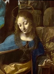 Detalj av Jomfruens hode, fra Jomfruen i grotten (Jomfruen med den lille Johannes Døperen som tilber Kristusbarnet ledsaget av en engel), detalj, ca. 1508