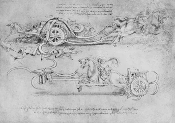 Tegninger av to typer vogner bevæpnet med ljåer, c1480 1945