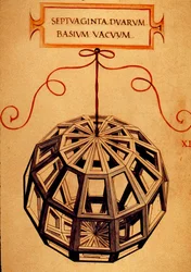 Geometri: "" Et polyeder"" Side hentet fra manuskriptet "" De divina proportione"" (Om guddommelige proporsjoner) av matematikeren Fra Luca Pacioli dit Luca di Borgo (1445-1517) illustrert av Leonardo da Vinci (1452-1519). 1509.