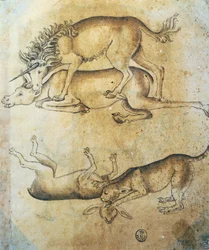 Enhjørning angriper en ku og leopard angriper en sau, studie av dyr, av Leonardo da Vinci (1452-1519), tegning