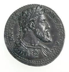 Testone av Charles V (1500-58) hertug av Milano, gravert av Dye, 1535-56 (forside) (sølv) (for bakside se 168055)